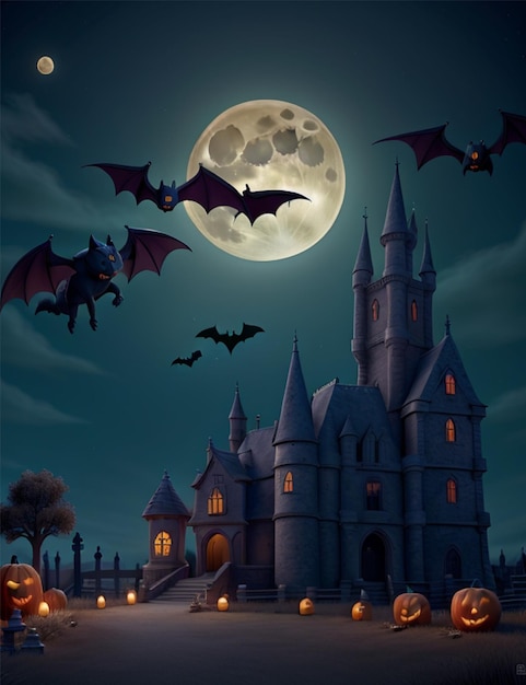 Free Photo Halloween House moon night with pumpkins and bats flying in the background Generated Ai