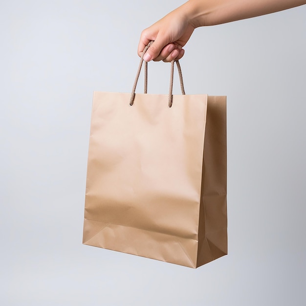 Free photo of hand holding paper bag plain white background