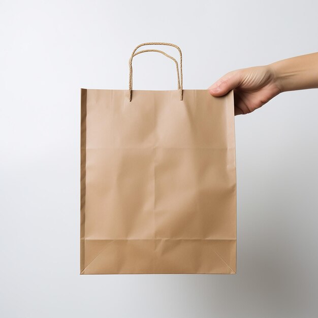 Free photo of hand holding paper bag plain white background