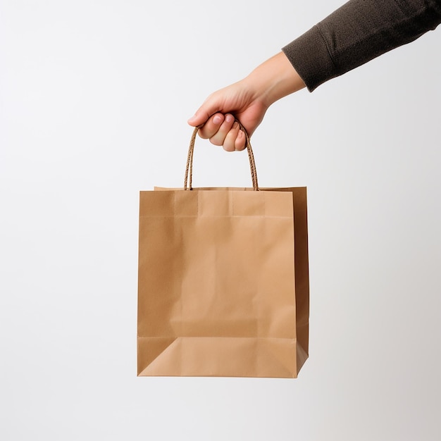 Free photo of hand holding paper bag plain white background