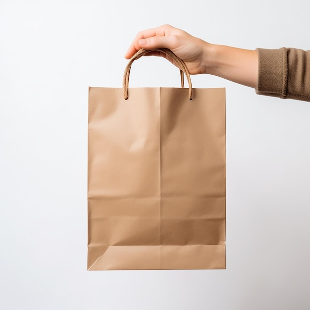 Free photo of hand holding paper bag plain white background