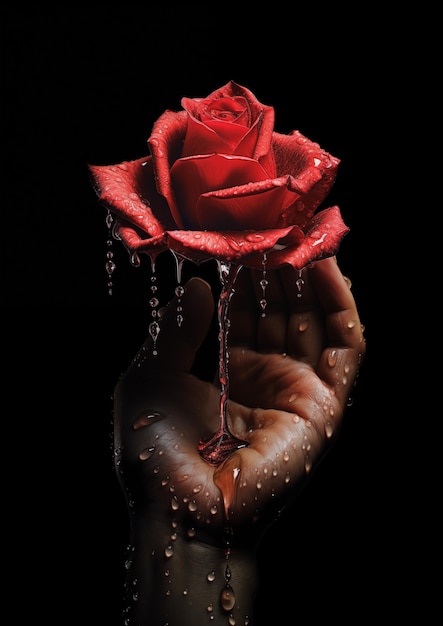 free photo hand holding a wet red rose during rain ai generative