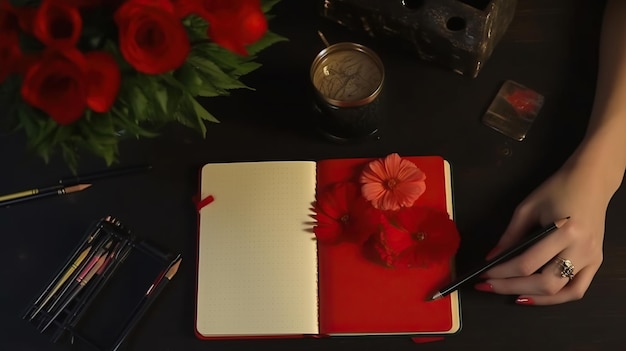 Free photo of hand writing on notebook top view and there is red flower beside it AI generated image