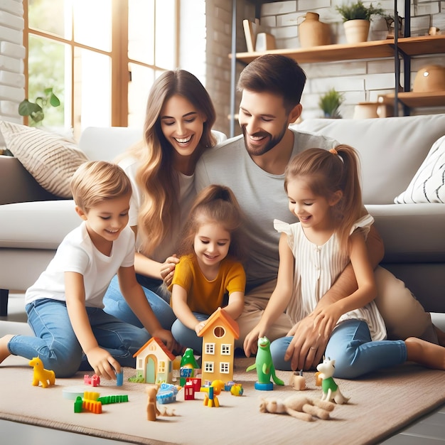 Free Photo Happy family father mother and two children sitting on floor Ai generated