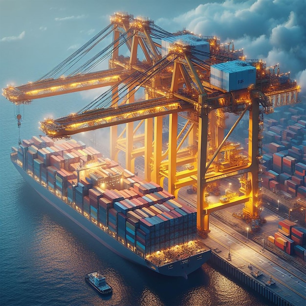 Free photo huge cargo crane of a harbor loading a yellow container ai generative