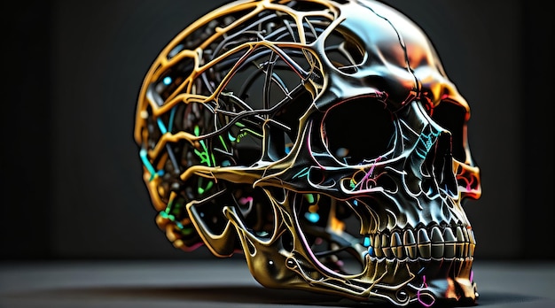 Free photo Human skull New dark background and 3d render colorful green leaves Halloween concept Bac