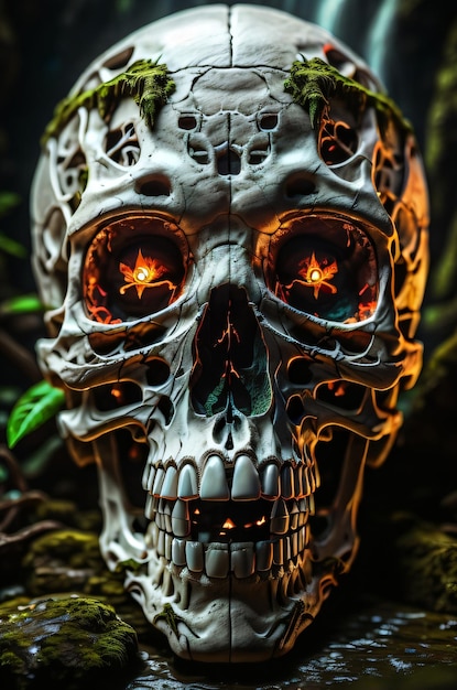 Free photo Human skull New dark background and 3d render colorful green leaves Halloween concept