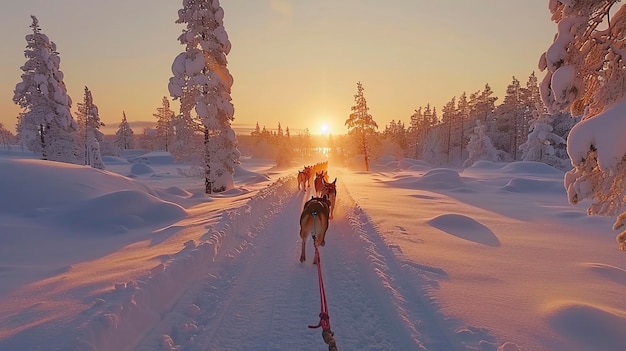 Free Photo of Huskey dogs sledge safari ride at sunset in winter wonderland