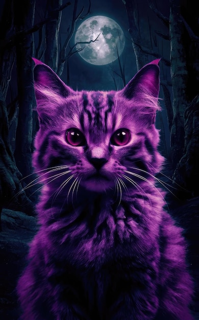 Free photo Illustration of a cat of a red eyes in purple light