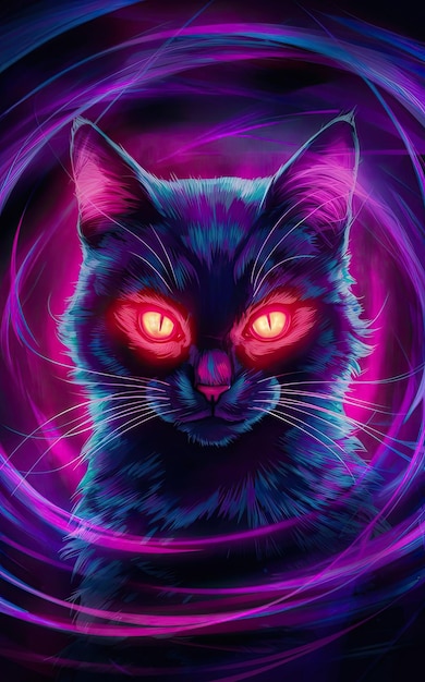 Free photo Illustration of a cat of a red eyes in purple light