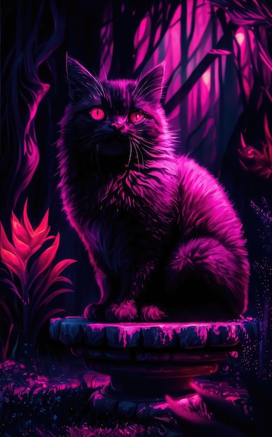 Free photo Illustration of a cat of a red eyes in purple light