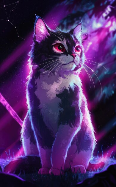 Free photo Illustration of a cat of a red eyes in purple light