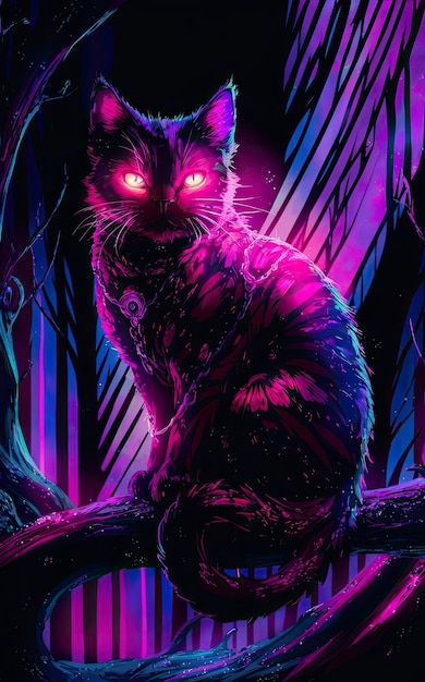 Free photo Illustration of a cat of a red eyes in purple light