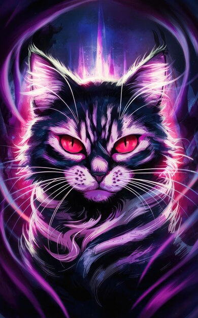 Free photo Illustration of a cat of a red eyes in purple light