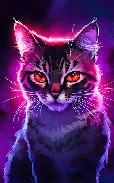 Free photo Illustration of a cat of a red eyes in purple light