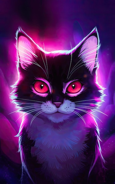 Free photo Illustration of a cat of a red eyes in purple light