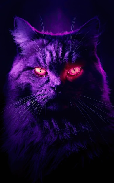 Free photo Illustration of a cat of a red eyes in purple light