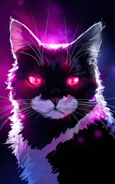 free photo Illustration of a cat of a red eyes in purple light