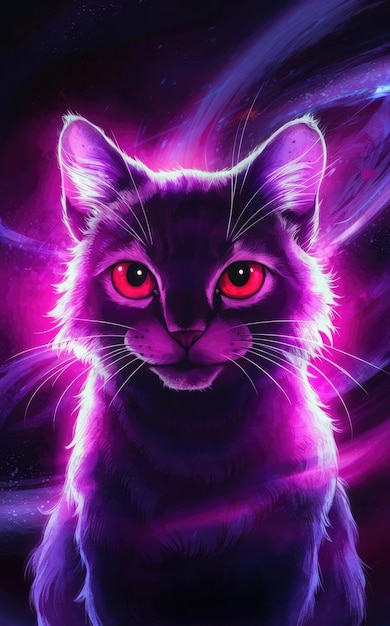 free photo Illustration of a cat of a red eyes in purple light