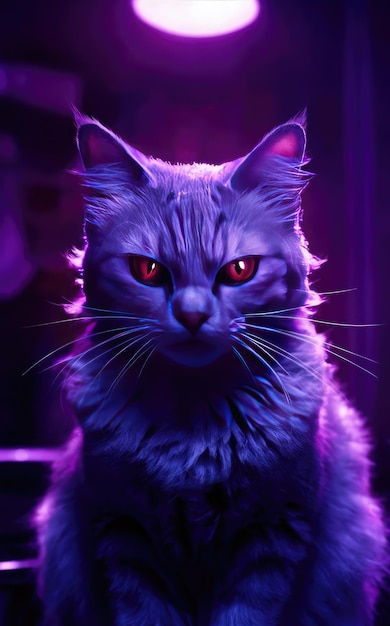 free photo Illustration of a cat of a red eyes in purple light