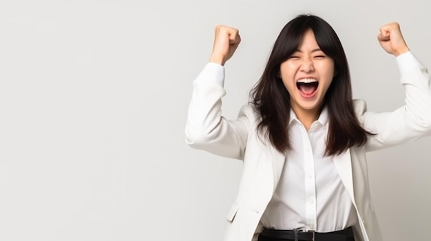 Free photo image of happy lucky asian woman hooray gesture winning and celebrating