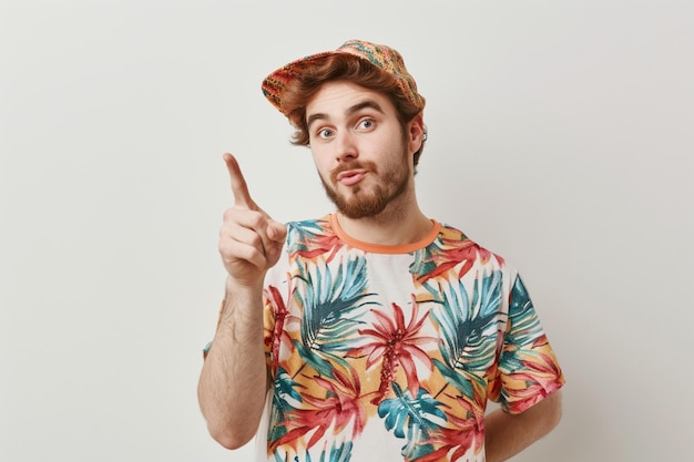 Free photo indoor shot of positive person in casual red tshirt points with index finger aside