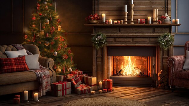 Free photo living room with fireplace and christmas