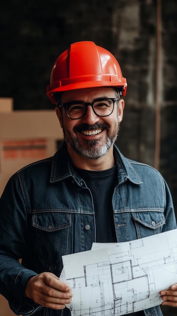 Photo free photo man smiling with a red helmet and blueprints ar 916 v 61 job id bcaf30417d77481bb80b695cf1c2ee48