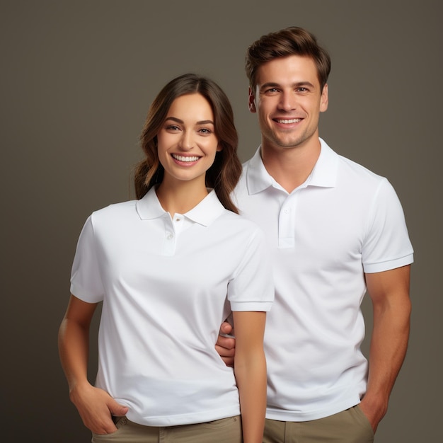 Free photo man and woman in basic white polo shirt