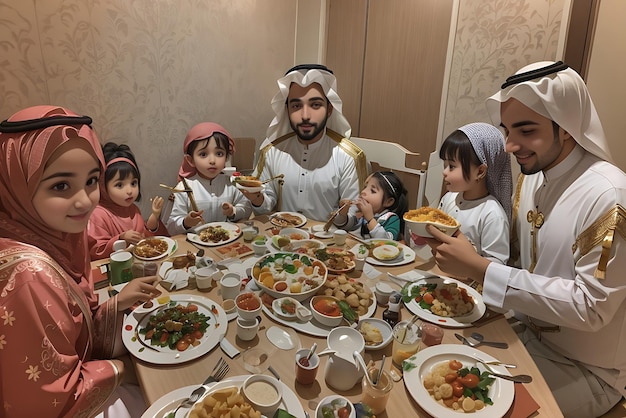 Free photo medium shot islamic family at table by AI