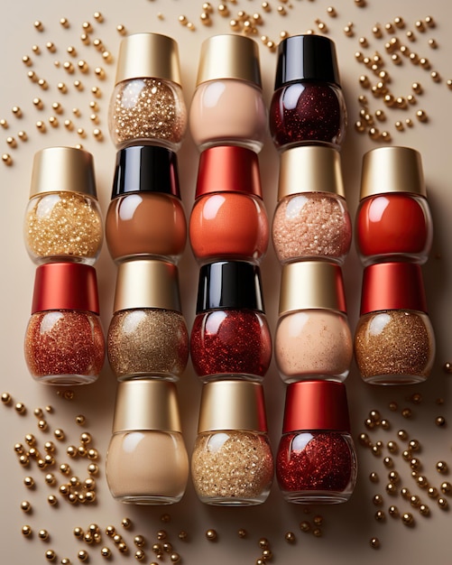 free photo of nail polishes in red and gold colors flatlay photography