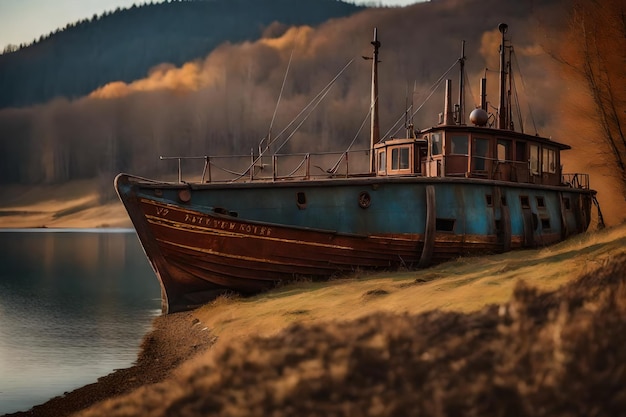 Free photo old rusty fishing boat on the slope along the shore of the lake