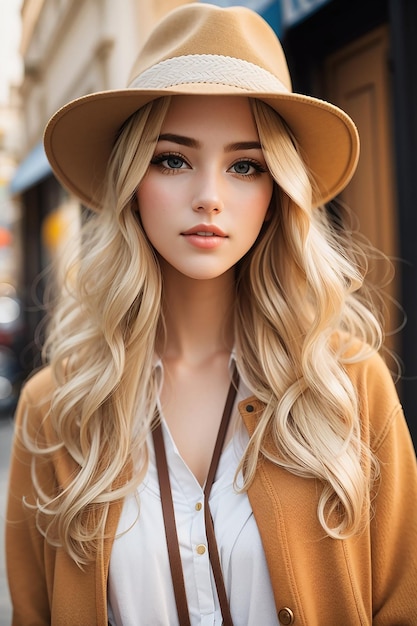 Free photo outdoor fashion positive portrait of stylish hipster girl long blonde hairs vintage hat