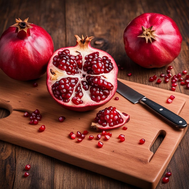 Photo free photo pomegranate on wooden cutting board on table