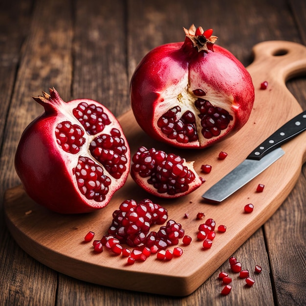 Photo free photo pomegranate on wooden cutting board on table