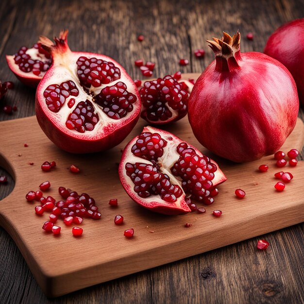 Free photo pomegranate on wooden cutting board on table