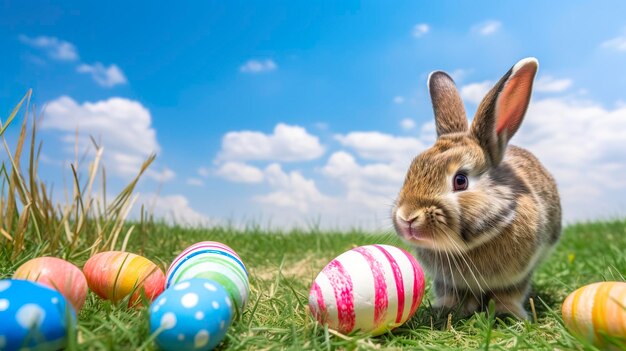 Free photo rabbit and easter eggs in green grass with blue sky generat ai