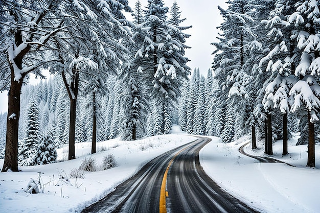 Free photo road and trees covered in snow