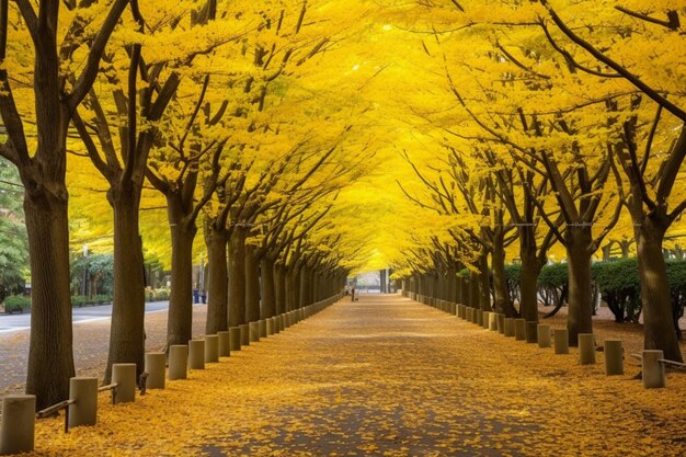 Free photo row of yellow ginkgo tree in autumn