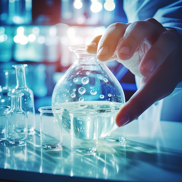 Free Photo of Scientist holding flask with lab glassware in the science lab