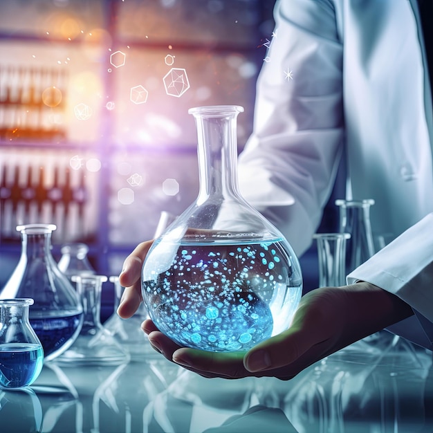 Free Photo of Scientist holding flask with lab glassware in the science lab