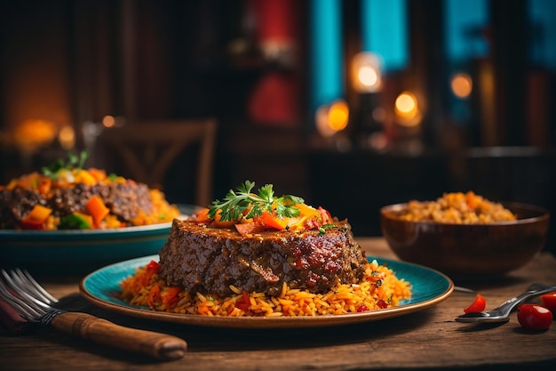 Free photo side view pilaf with stewed beef meat on a plate