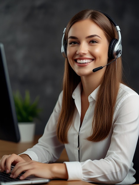 Photo free photo smiling woman in headset presentation something