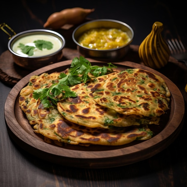 Free Photo Spicy Puri Paratha with Masala Chatni