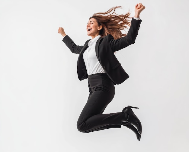 Free photo success manager in high spirit jumping high to celebrate