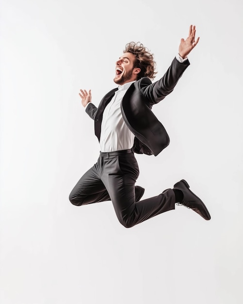 Photo free photo success manager in high spirit jumping high to celebrate