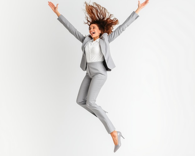 Photo free photo success manager in high spirit jumping high to celebrate