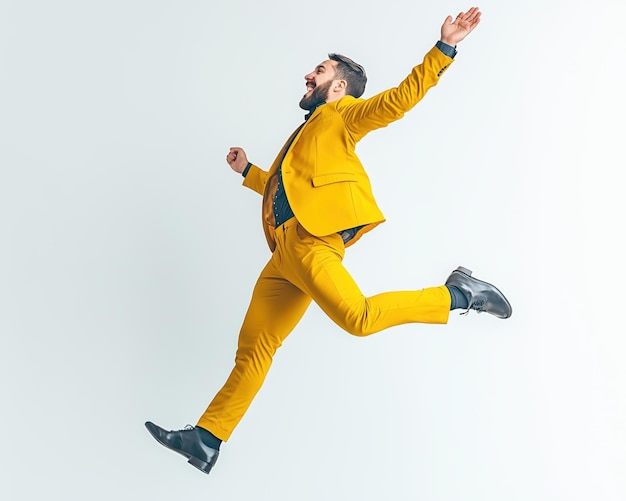 Free photo success manager in high spirit jumping high to celebrate