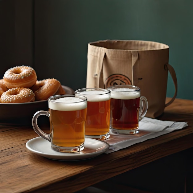 Photo free photo a table with mugs of beer and a bag of donuts