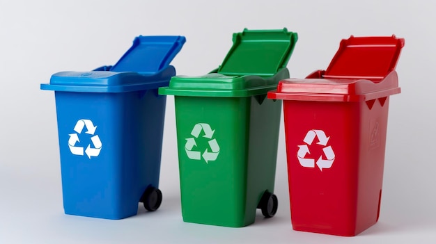 Free photo three miniature recycle bins generat ai